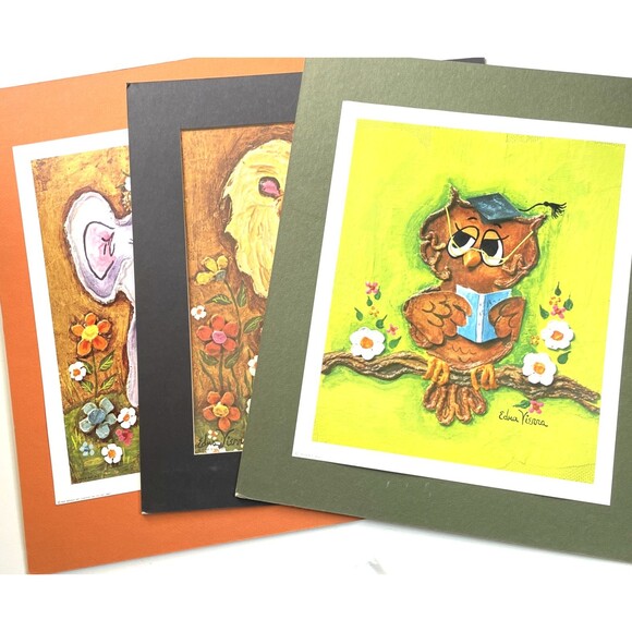 Edna Vierra Print Lot Lion Owl Elephant 1970s Kitsch Retro Decor - Picture 1 of 11